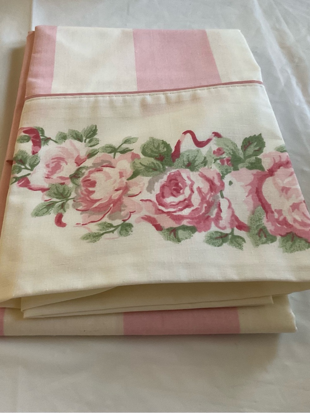 Laura Ashley Country Rose Floral Pink Stripe Cottage Pillowcase 20x30in -NEW